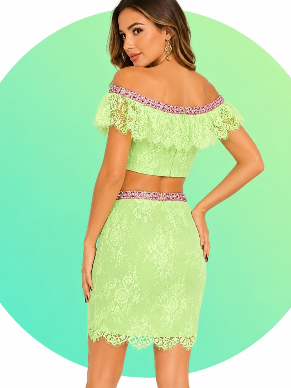 Lime Green Lace Two Pieces set off shoulder crop top & mini with Rhinestones. - Picture 2 of 6